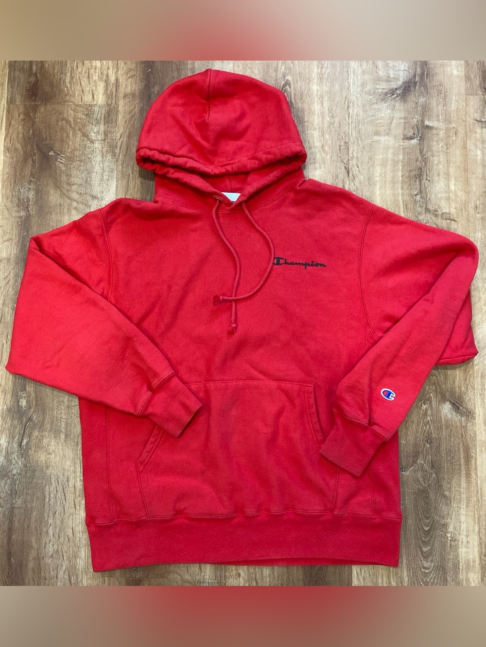 Champion Reverse Weave Hoodie Mens Large Red Sleeve Logo Pullover Thick Y2K